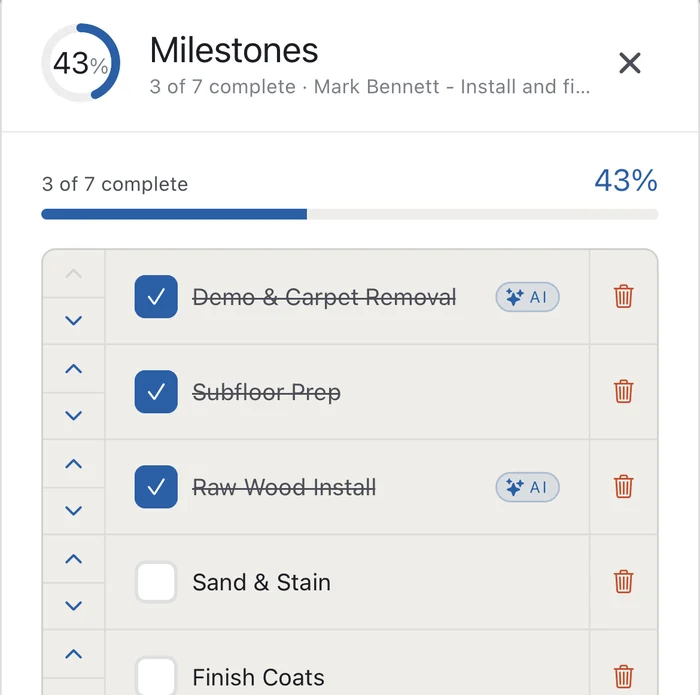 A Supervisr milestone tracker for a hardwood job, three of seven steps complete — demo, subfloor prep and raw wood install checked off, sand and stain still open.
