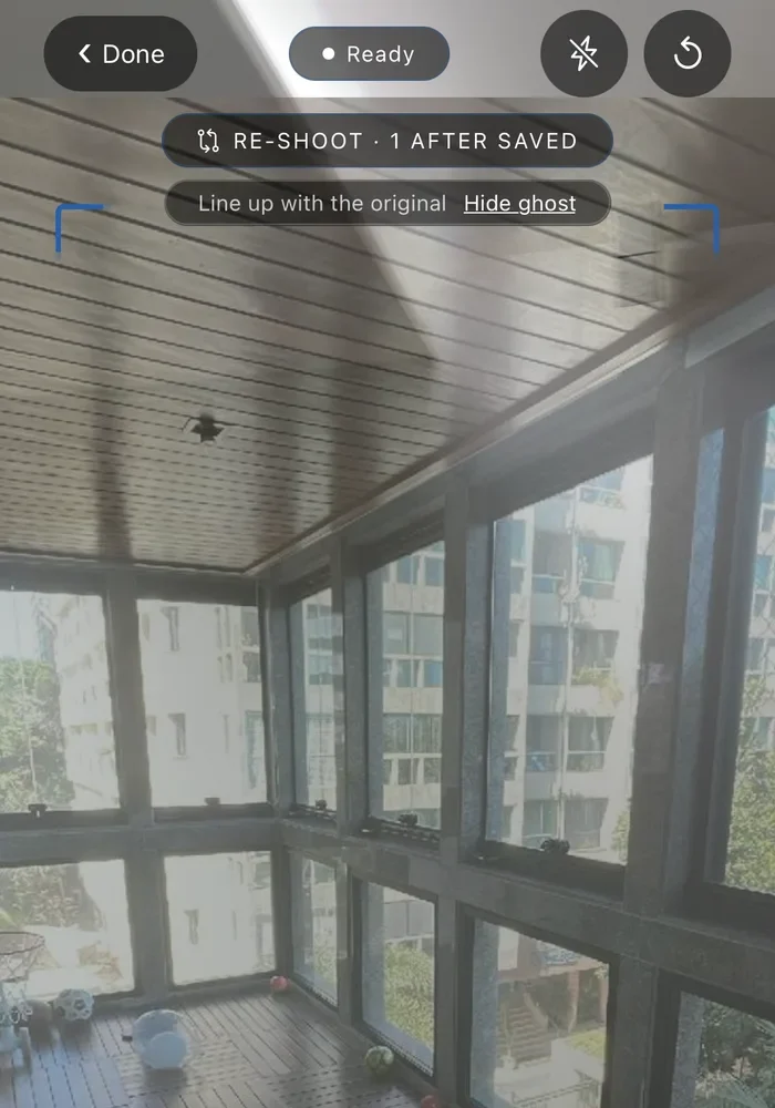 The Supervisr camera in re-shoot mode: the original before photo is held on screen as a faint ghost with corner brackets, and the banner reads line up with the original.