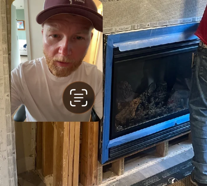 A reel preview playing a jobsite before shot with the contractor's own selfie video running in a draggable picture-in-picture box over the corner of the frame.