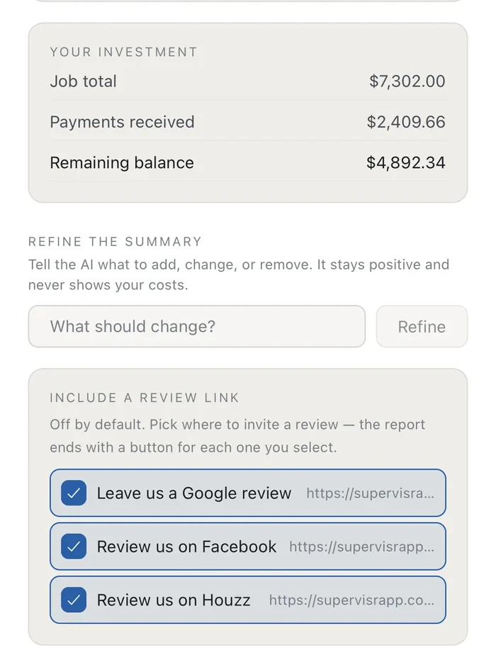 The client report preview and send screen, with the job totals, an AI refine box, and Google, Facebook and Houzz review links all switched on.
