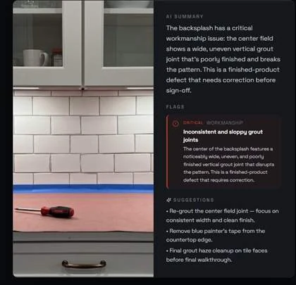 A Supervisr AI review of a subway-tile backsplash photo, flagging the center field joint as inconsistent and sloppy grout work and listing the re-grout fixes.
